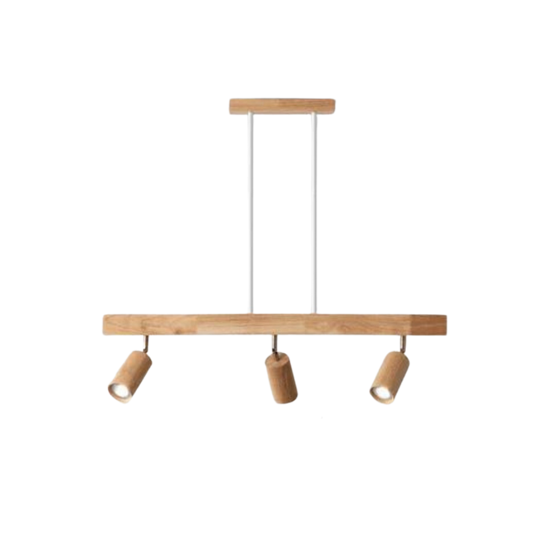 Moderne Holz-Pendelleuchte mit drei verstellbaren Strahlern, skandinavisches Design.