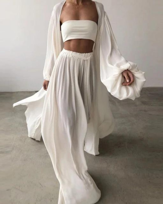 Dreiteiliges Set aus Baumwolle | luftiges Top | lockere Hose | leichtes Jäckchen | bequem-Weiß-S-Luzern Mode