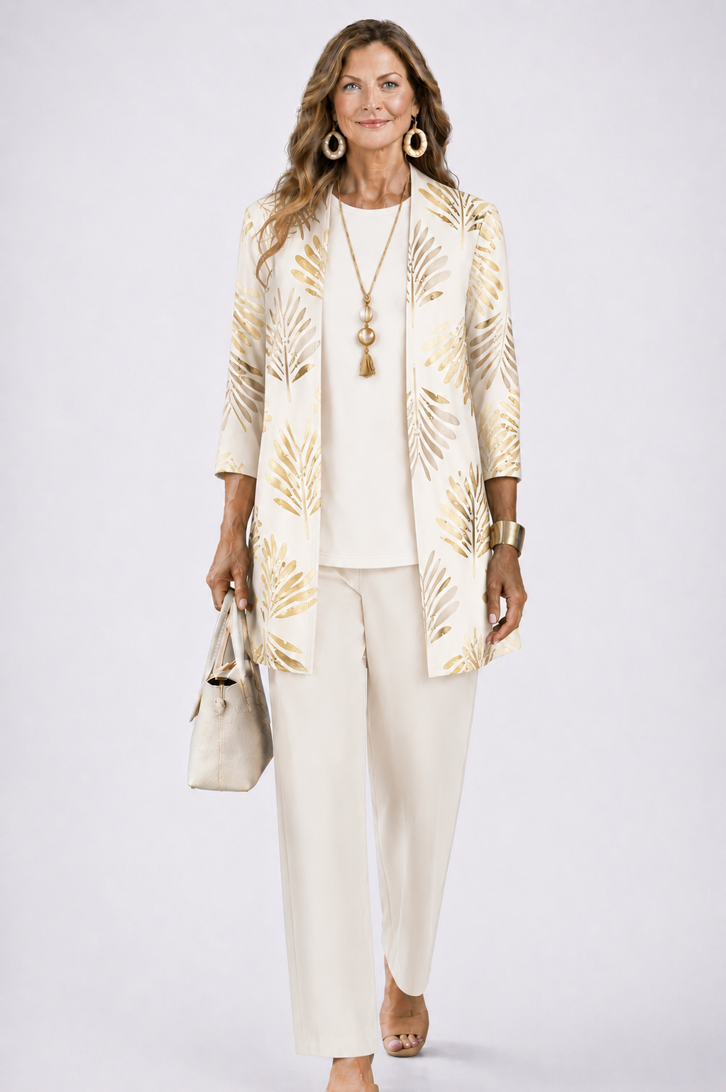 Frau im cremeweißen Set, Cardigan mit goldenem Palmblattmuster über schlichtem Oberteil und Hose, frontal. 3