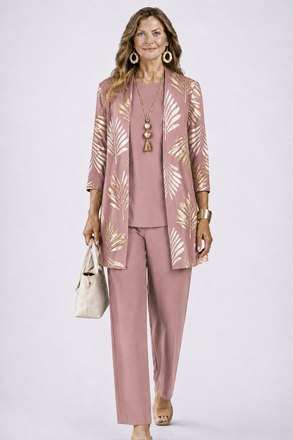 Frau im altrosa Set, Cardigan mit goldenem Palmblattmuster über einfarbigem Oberteil und Hose, frontal. 8