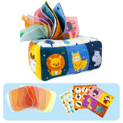 Buntes Babyspielzeug Stofftücherbox mit Tiermotiven, weiches Lernspielzeug für Kleinkinder.