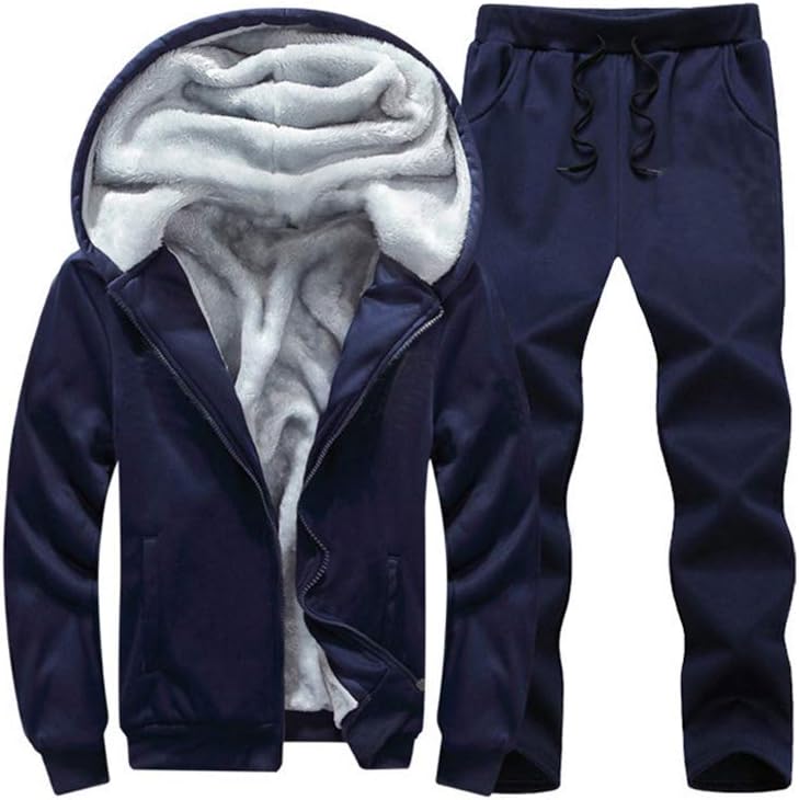Dunkelblauer Herren-Trainingsanzug mit Kapuze, Fleece-Innenfutter, Reißverschluss, Jogginghose.