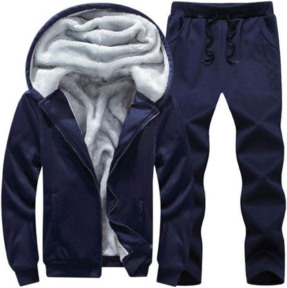 Dunkelblauer Herren-Trainingsanzug mit Kapuze, Fleece-Innenfutter, Reißverschluss, Jogginghose.