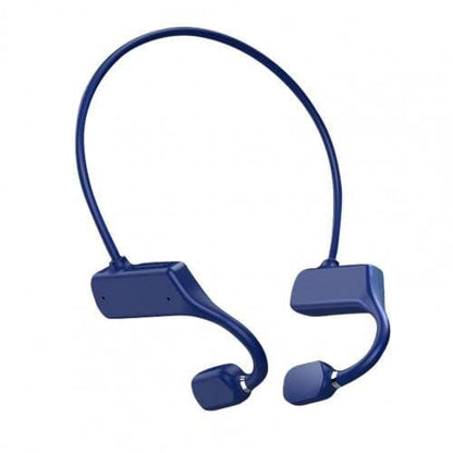 Blaue kabellose Knochenschall-Kopfhörer, ergonomisches Design, Sportkopfhörer.