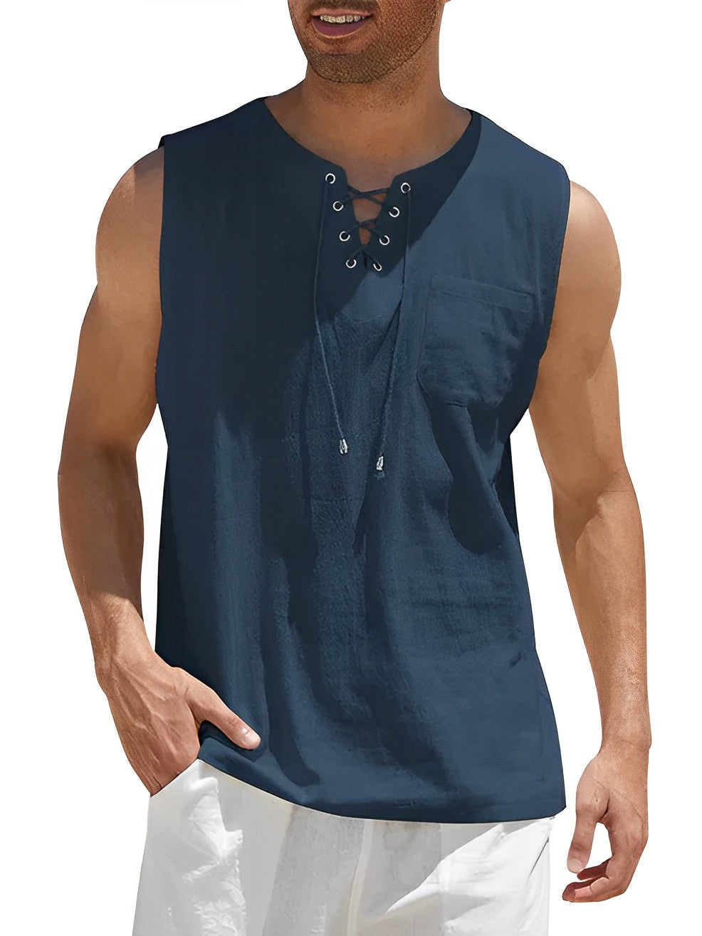 Dunkelblaues Herren-Leinen-Tanktop mit Schnürung, ärmellos, Sommermode.