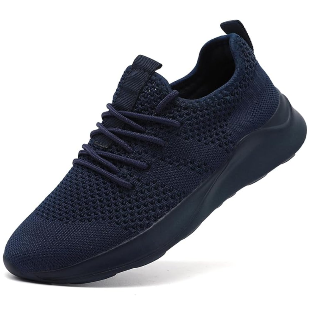 Dunkelblauer Sneaker, atmungsaktiv, Strickmaterial, sportlich, Herrenmode, bequeme Schuhe.