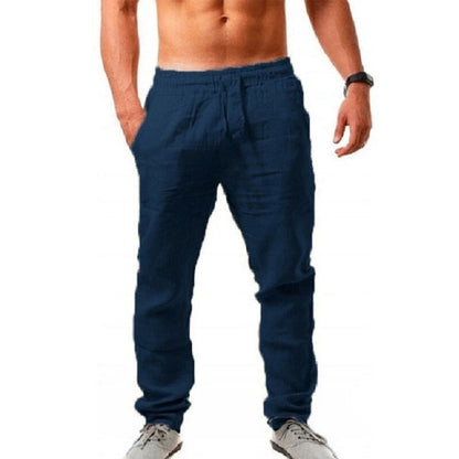 Dunkelblaue Herren-Leinenhose, Sommermode, elastischer Bund, lässiger Stil.