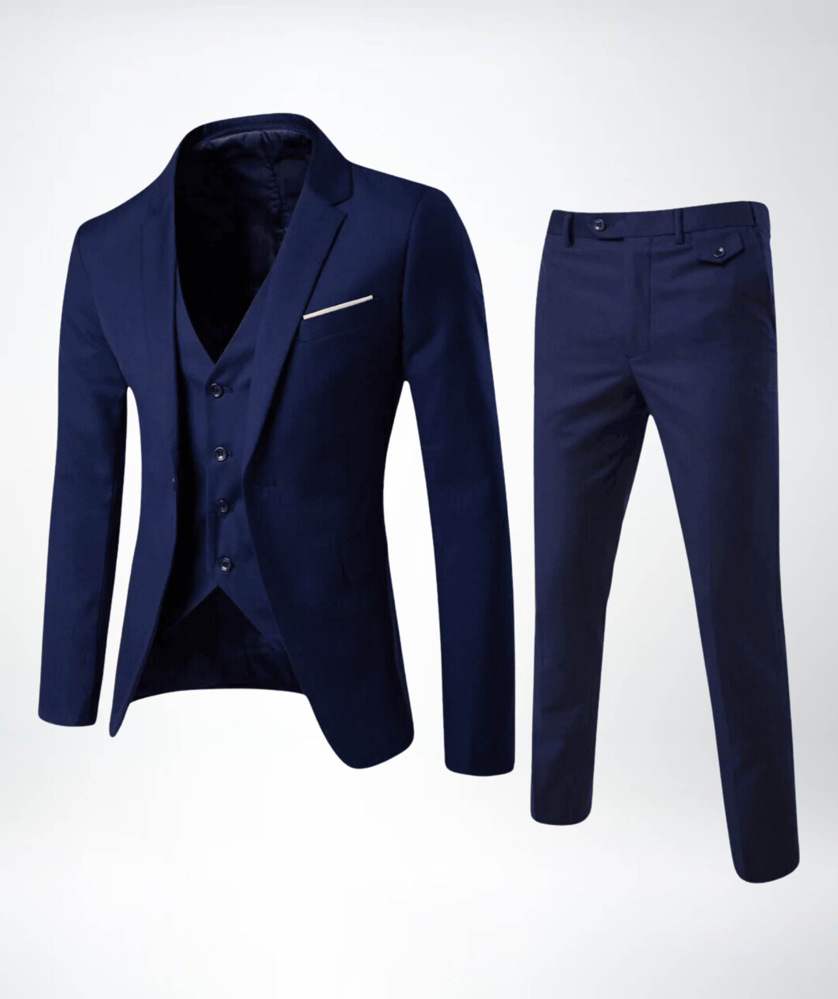 Dunkelblauer Herrenanzug mit Weste und Hose, elegantes Design, ideal für formelle Anlässe.