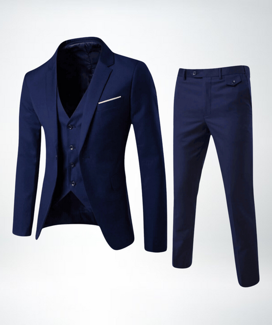Dunkelblauer Herrenanzug mit Weste und Hose, elegantes Design, formelle Kleidung.