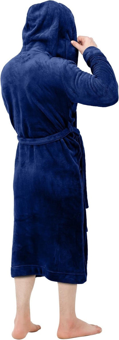 Dunkelblauer Fleece-Bademantel mit Kapuze, Herrenmode, gemütlich, weich, warm.