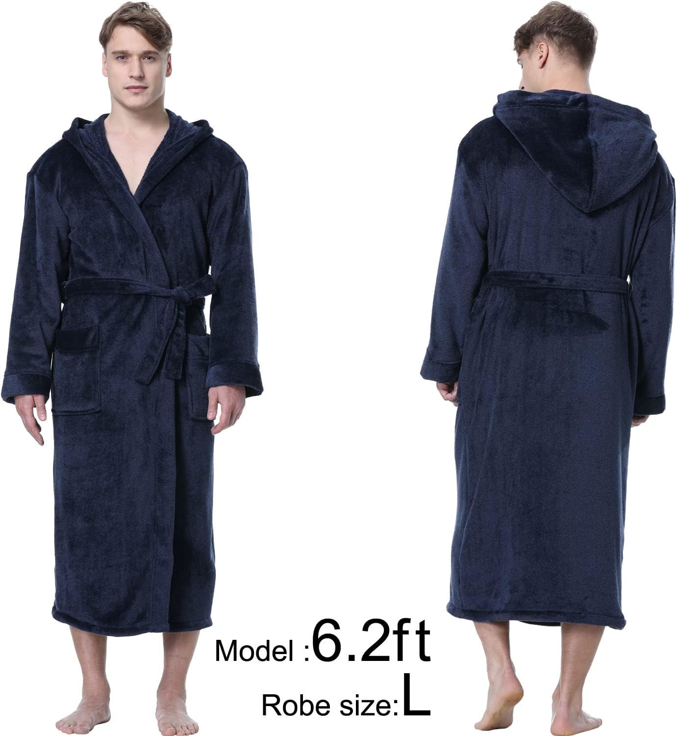 Dunkelblauer Herren-Bademantel mit Kapuze, Fleece, Größe L, Modell 6,2 ft.