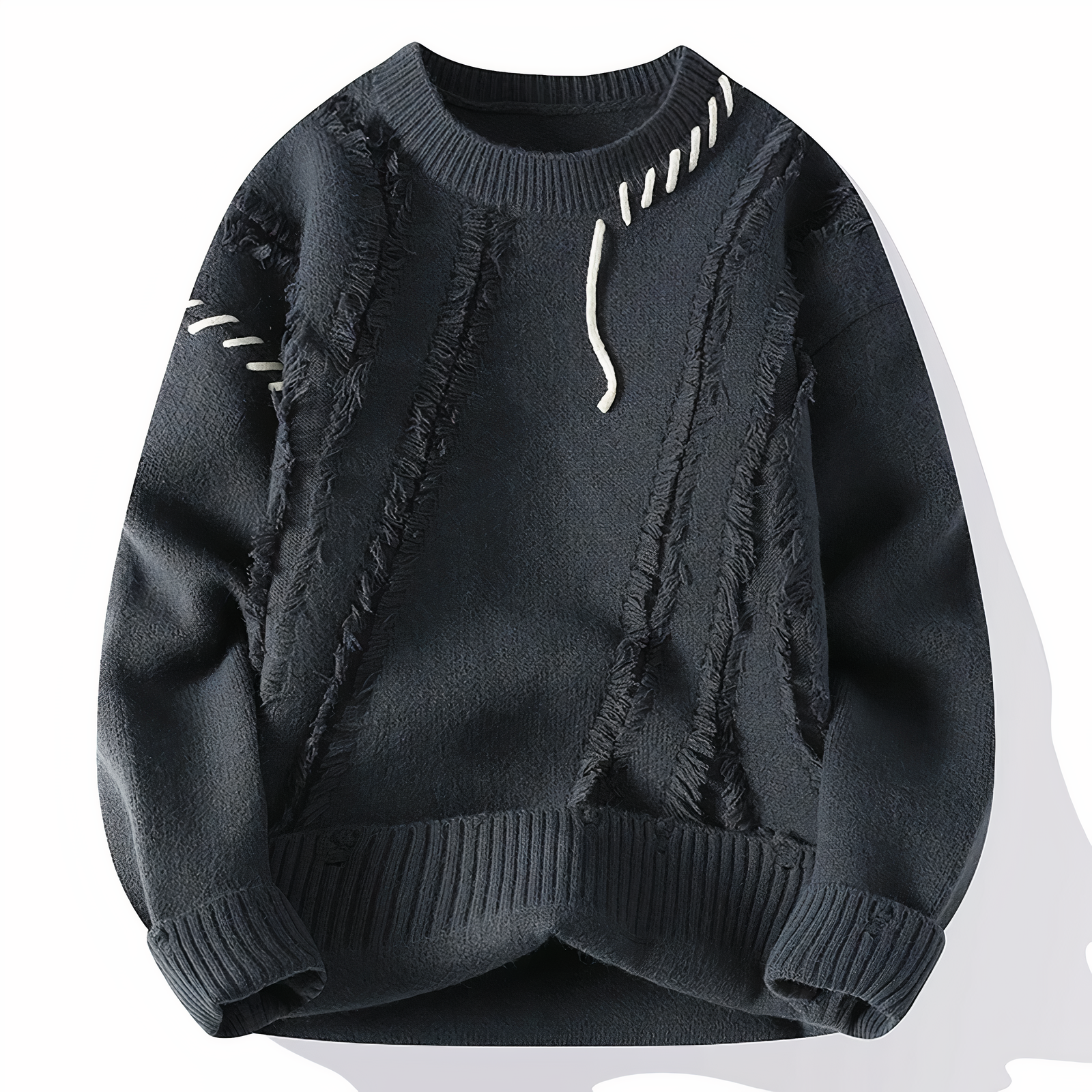 Dunkelblauer Strickpullover mit Fransen, Herrenmode, Baumwolle, modisches Design, Herbstbekleidung.