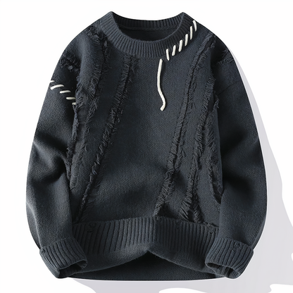 Dunkelblauer Strickpullover mit Fransen, Herrenmode, Baumwolle, modisches Design, Herbstbekleidung.