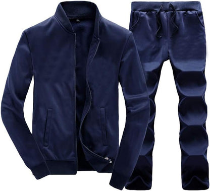 Dunkelblauer Herren-Trainingsanzug, Reißverschlussjacke und Jogginghose, Sportbekleidung.