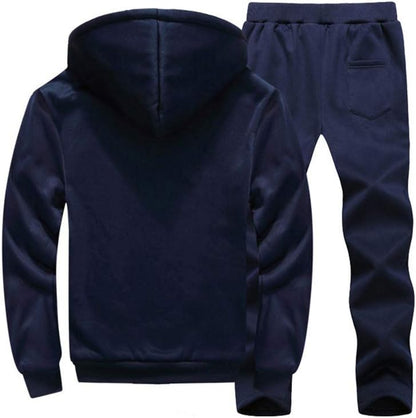 Dunkelblauer Herren-Trainingsanzug, Kapuzenpullover und Jogginghose, Sportbekleidung.