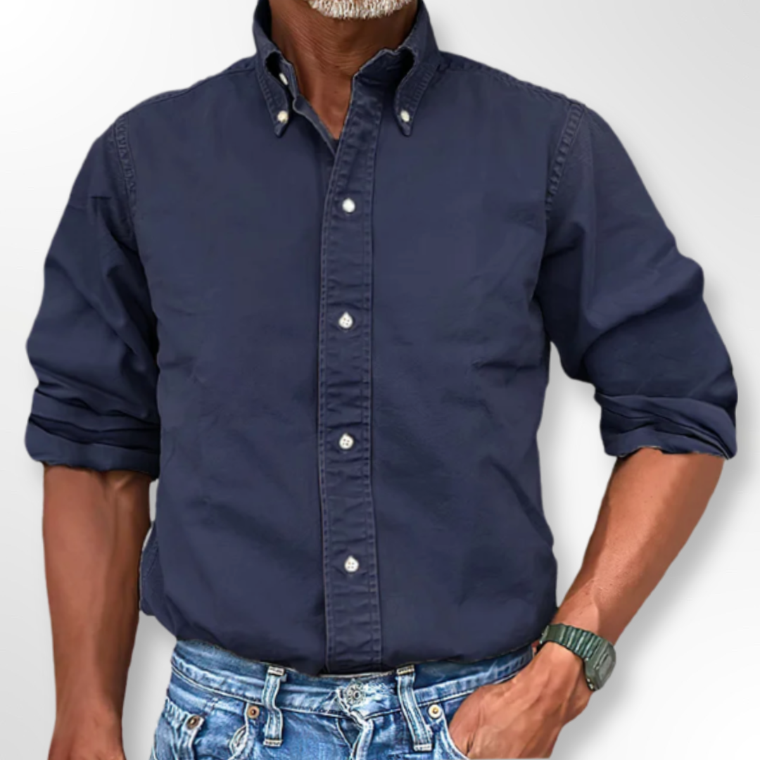 Dunkelblaues Herrenhemd, Button-Down-Kragen, Freizeitlook, Baumwolle, langärmlig.