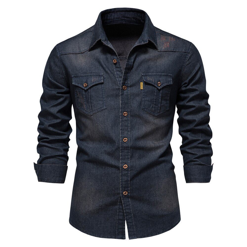 Dunkelblaues Jeanshemd für Herren, langärmelig, Knopfleiste, Freizeitmode.