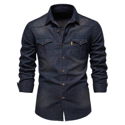 Dunkelblaues Jeanshemd für Herren, langärmelig, Knopfleiste, Freizeitmode.
