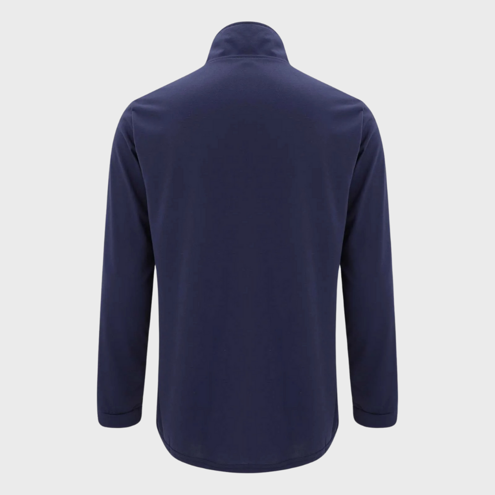 Dunkelblaues Herren-Poloshirt, langärmelig, aus Baumwolle, Rückansicht, modisch, bequem.