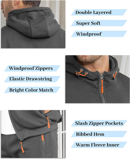Dunkelgrauer Kapuzenpullover, winddicht, doppellagig, mit Reißverschlusstaschen und elastischem Kordelzug.