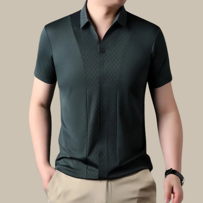 Dunkelgrünes Herren-Poloshirt, kurzärmelig, Baumwolle, elegantes Design, Freizeitmode.