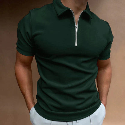 Dunkelgrünes Herren-Poloshirt mit Reißverschluss, Kurzarm, Baumwolle, modisch, elegant.
