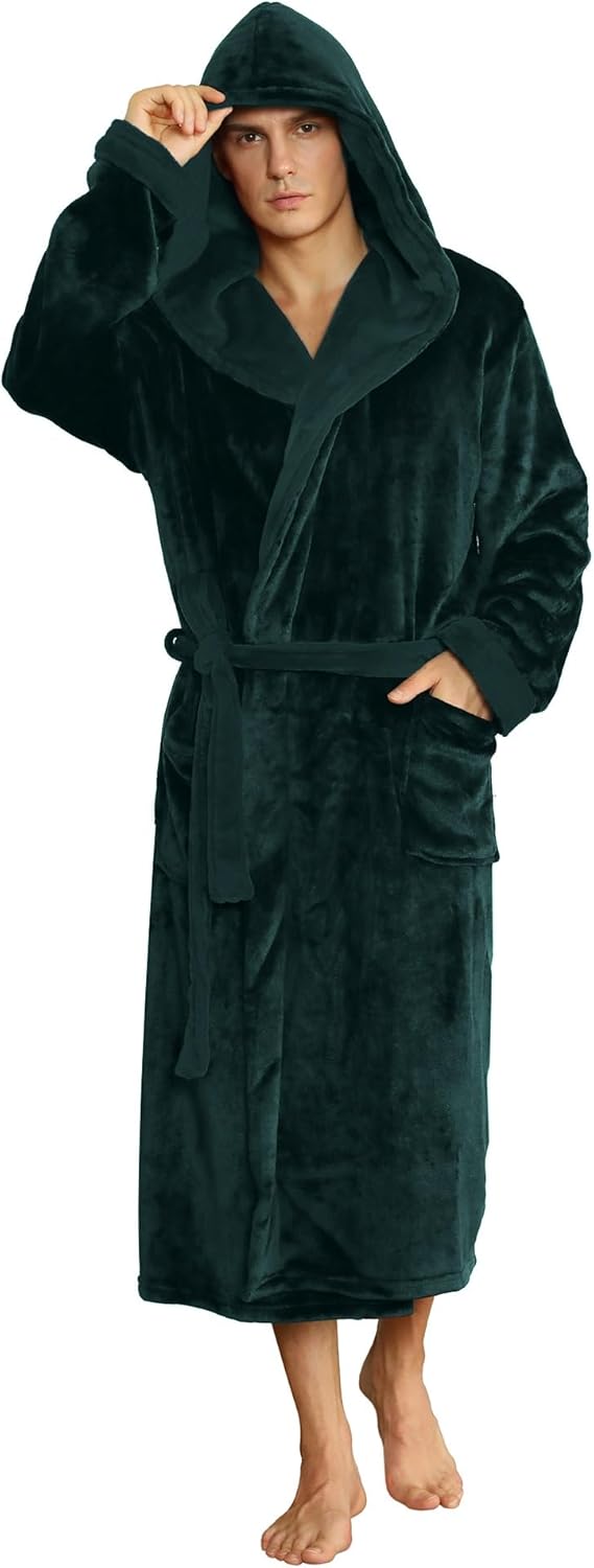 Dunkelgrüner Herren-Bademantel mit Kapuze, Fleece, warm, gemütlich, ideal für Zuhause.