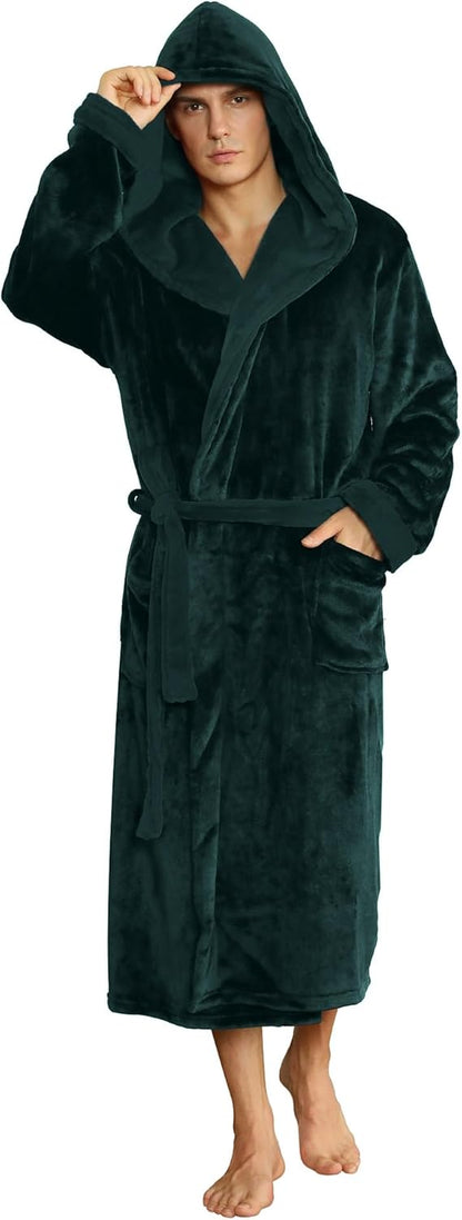 Dunkelgrüner Herren-Bademantel mit Kapuze, Fleece, warm, gemütlich, ideal für Zuhause.