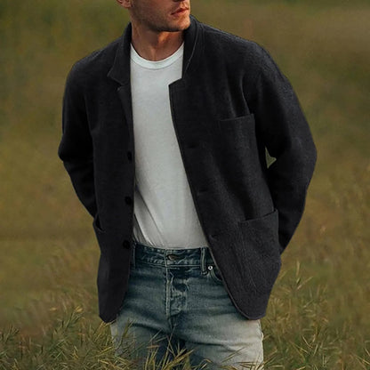 Dunkelgrauer Herrenblazer aus Wolle, lässig, mit Knöpfen, ideal für Herbstmode.