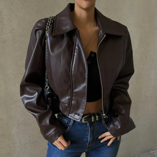 Braune Damen-Sommerjacke aus PU-Leder mit Reverskragen – Rivka