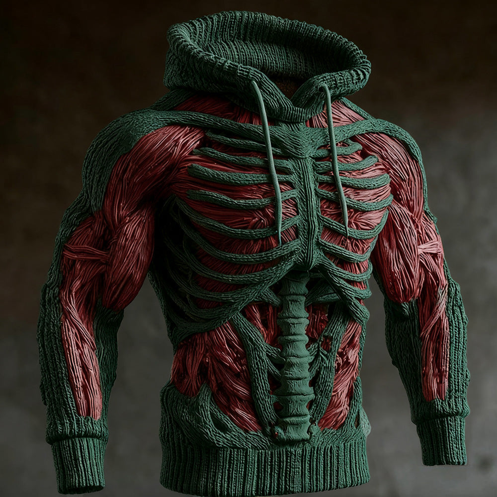 Strickhoodie in dunklem Grün mit gestricktem Skelettmuster, roten Muskelstrukturen an Schultern und Armen sowie Rippenbund und Ärmelbündchen. 3