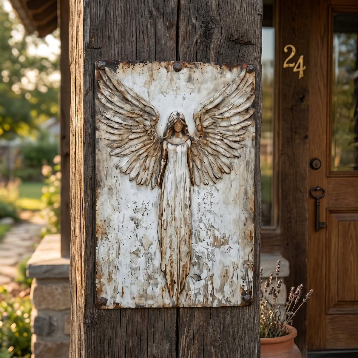 Engel-Schild mit Nieten an einem rustikalen Holzbalken neben einer Holztür auf der Veranda 4
