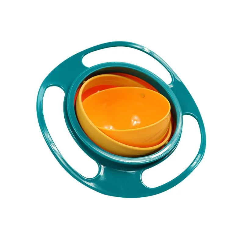 Gyroskopischer Kinderteller, blau-orange, aus Kunststoff, spill-proof, für Kleinkinder.
