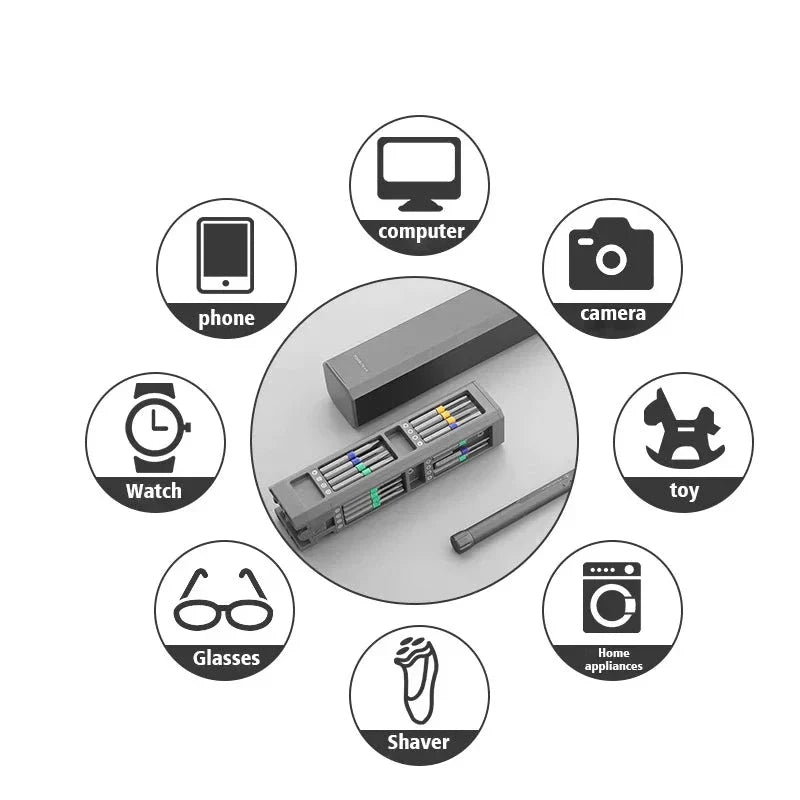 Schraubendreher-Set mit Aufsätzen, magnetisch, kompakt, für Elektronik, Grau, vielseitig einsetzbar.