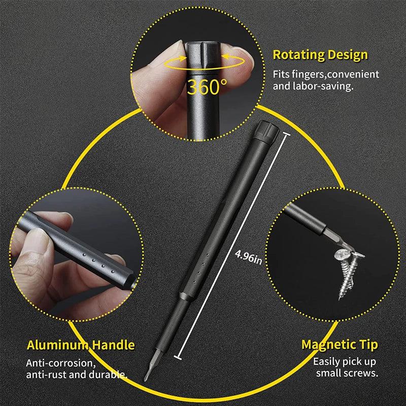 Schraubendreher-Set mit drehbarem Design, Aluminiumgriff, magnetischer Spitze, 12,6 cm, schwarz.