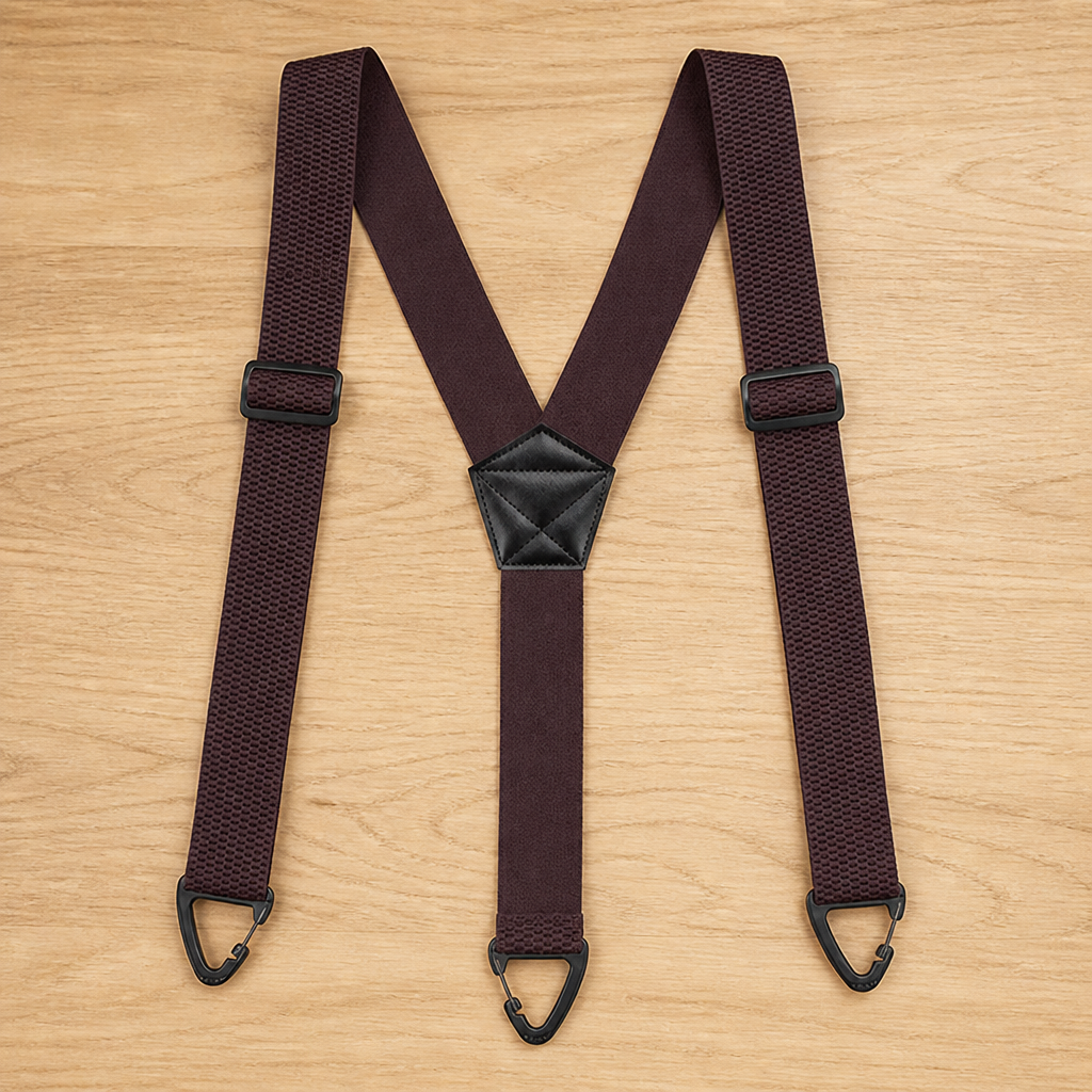 Dunkelbraune Y-Hosenträger mit schwarzem Kunstleder-Mittelstück, Schnallen und dreieckigen Clips, auf Holz ausgebreitet. 17