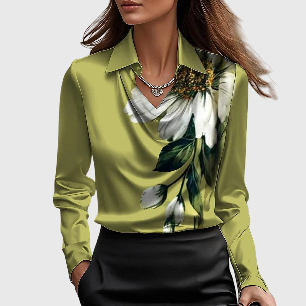Women's Satin Cowl-Neck Blouse - Long-Sleeve Collared Top for Work and Evening 7