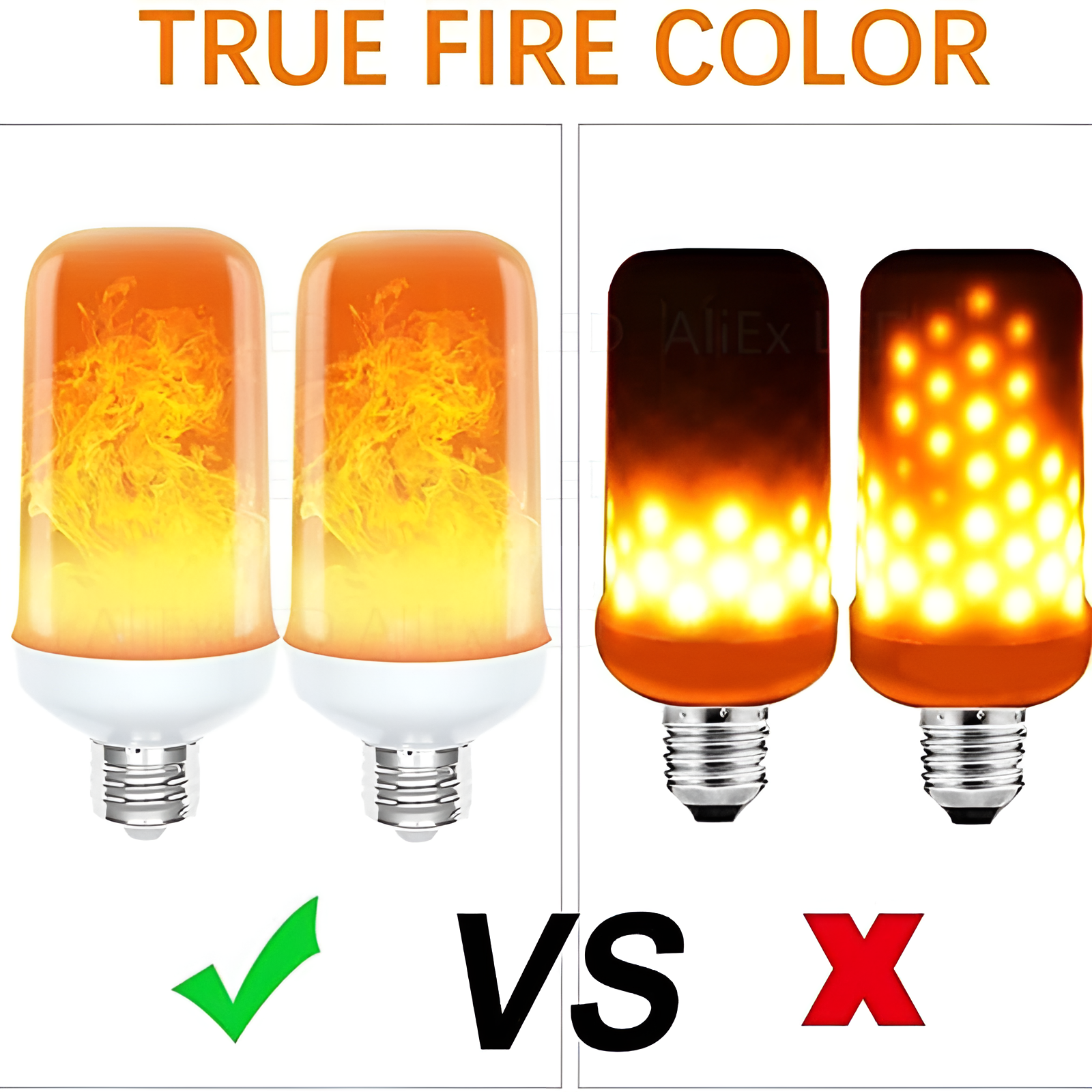 Zwei LED-Flammenlampen, E27, echtes Flammenlicht, Vergleich mit minderwertiger Alternative.