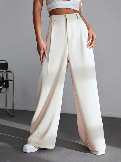 Damen weite cremefarbene Hose, elegant, hohe Taille, modisch, aus Polyester.