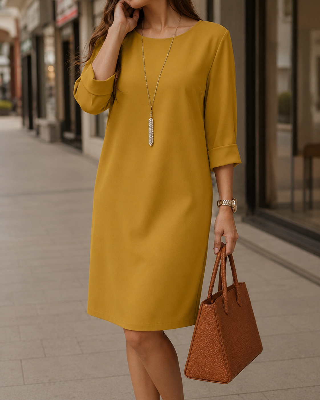 Senfgelbes Kleid mit Rundhals und umgeschlagenen Ärmeln, Model mit langer Kette und brauner Tasche in der Stadt 7