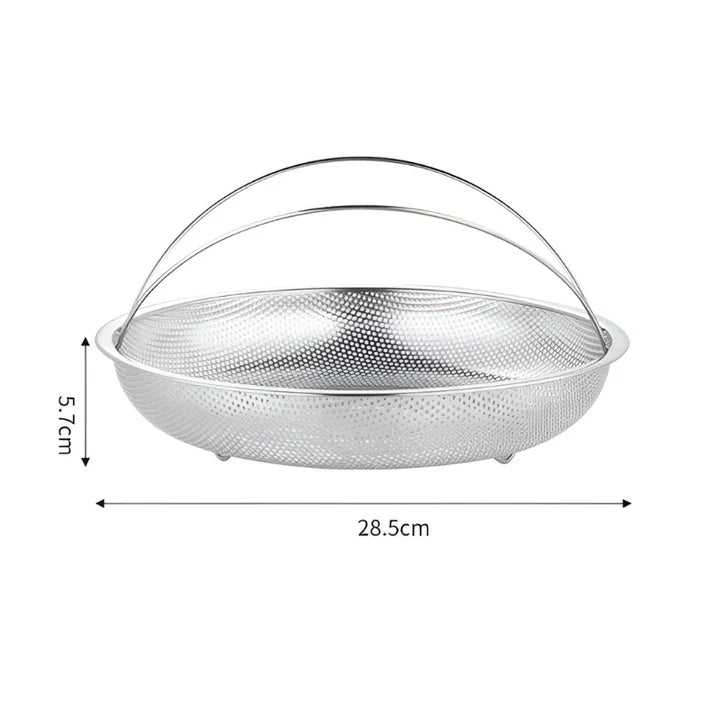 Runder Edelstahl-Siebkorb mit Griffen, 28,5 cm, Küchensieb, Abtropfsieb, silberfarben.