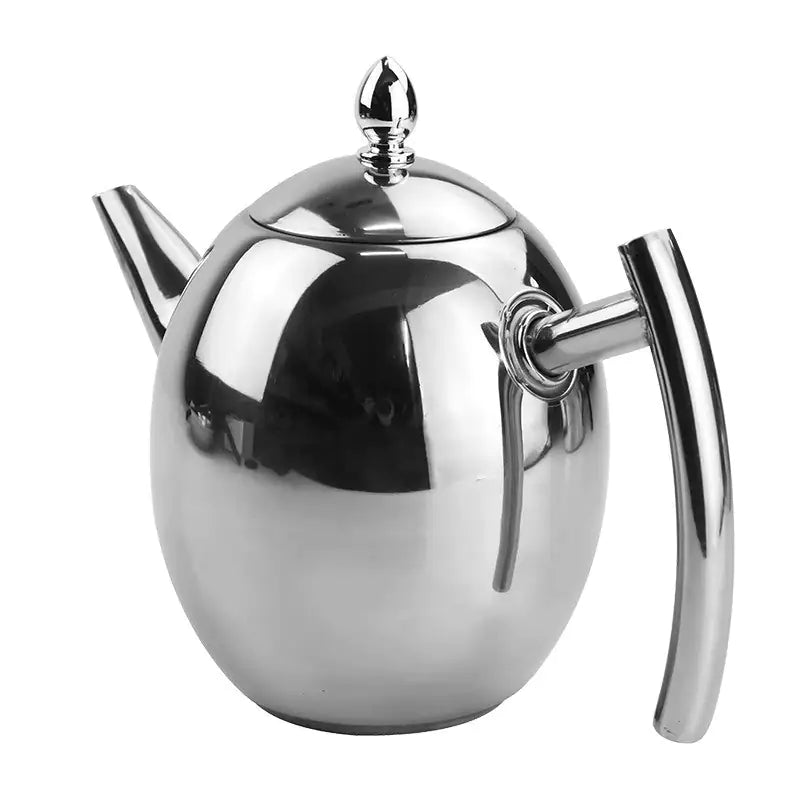 Silberne Edelstahl-Teekanne mit modernem Design und glänzender Oberfläche.