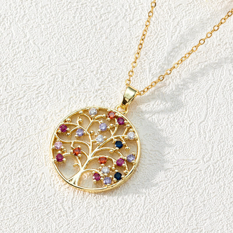 Goldener Baum des Lebens Anhänger mit bunten Edelsteinen, filigranes Design, Damen Halskette.