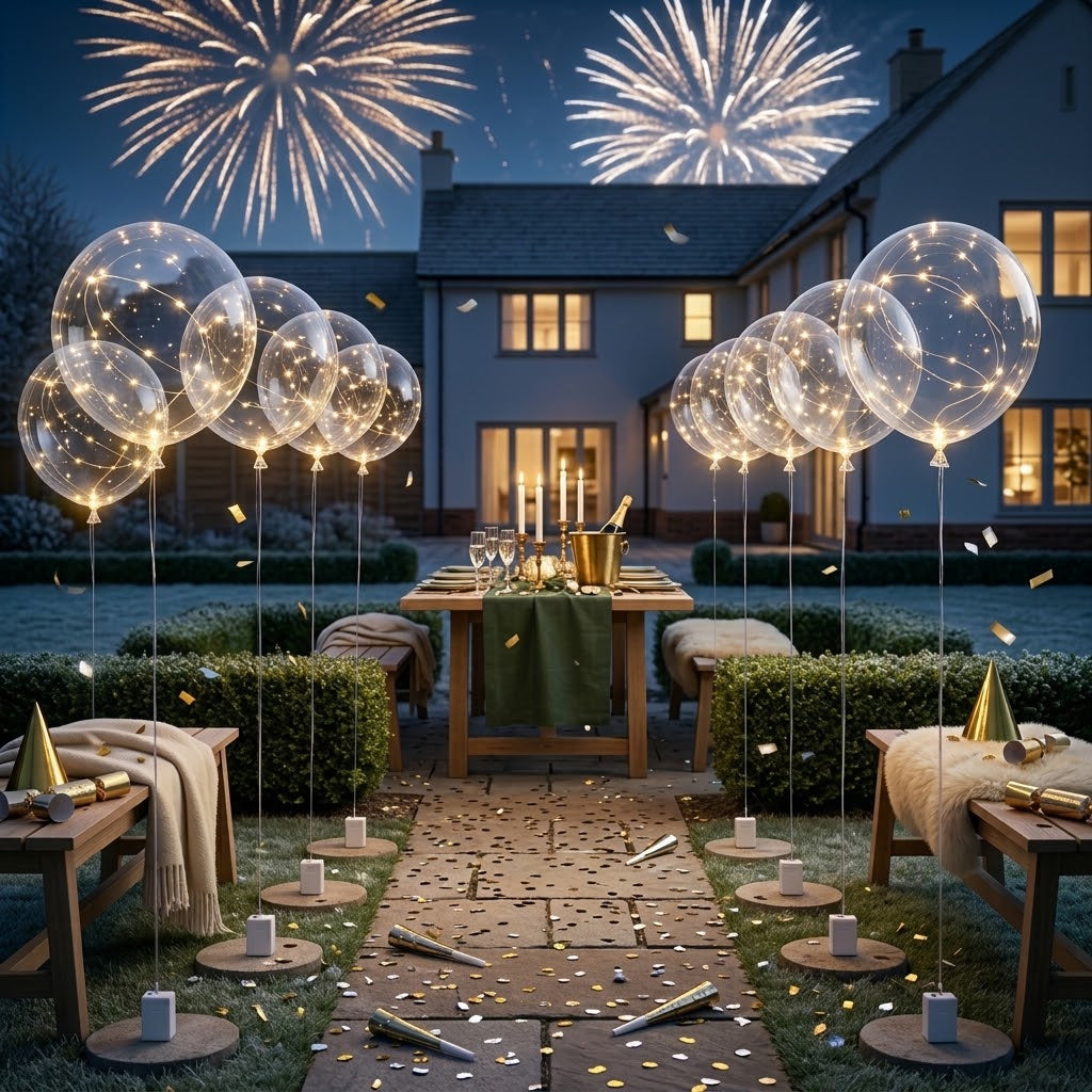 Leuchtende Ballons auf Holzscheiben im Garten, dahinter gedeckter Tisch und Feuerwerk am Nachthimmel 4