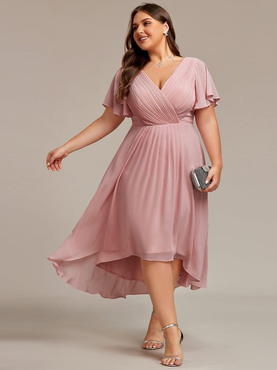 Chiffon hoch und tiefes Kleid für Hochzeitsgäste mit V-Ausschnitt und kurzen Ärmeln 133