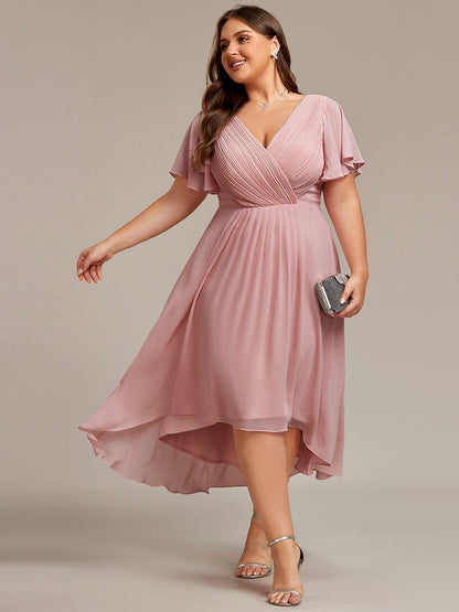 Chiffon hoch und tiefes Kleid für Hochzeitsgäste mit V-Ausschnitt und kurzen Ärmeln 133