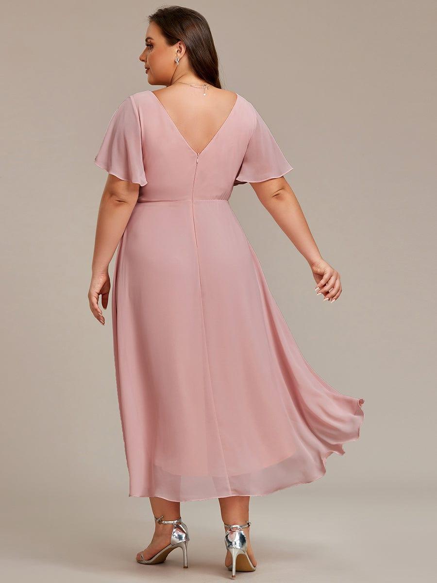 Chiffon hoch und tiefes Kleid für Hochzeitsgäste mit V-Ausschnitt und kurzen Ärmeln 130