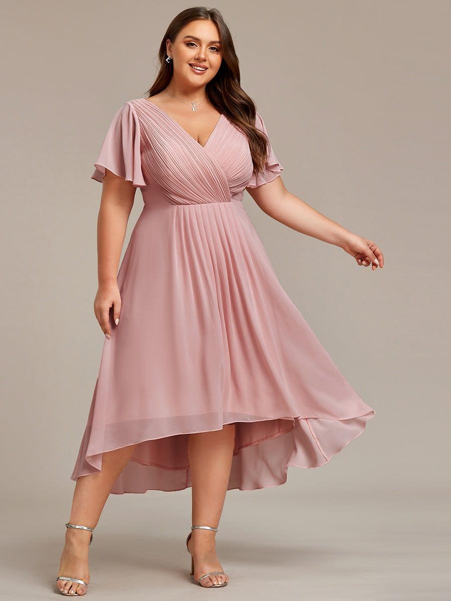 Chiffon hoch und tiefes Kleid für Hochzeitsgäste mit V-Ausschnitt und kurzen Ärmeln 132