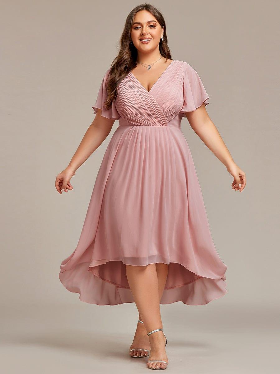 Chiffon hoch und tiefes Kleid für Hochzeitsgäste mit V-Ausschnitt und kurzen Ärmeln 129