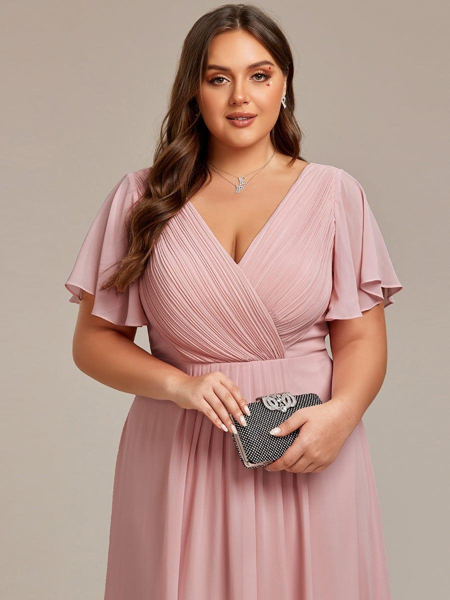 Chiffon hoch und tiefes Kleid für Hochzeitsgäste mit V-Ausschnitt und kurzen Ärmeln 131